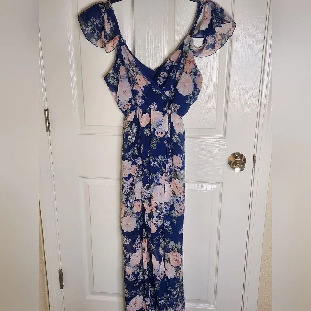 Trixxi M ShiffonMlticlred Floral Print DoubleSlits ColdShoulder Maxi Women Dress